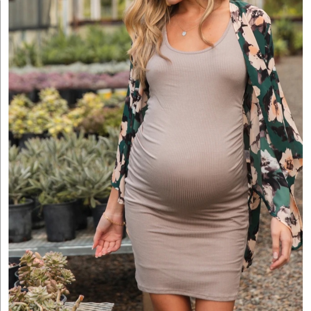 Mocha Ribbed Ruched Sleeveless MATERNITY Dress